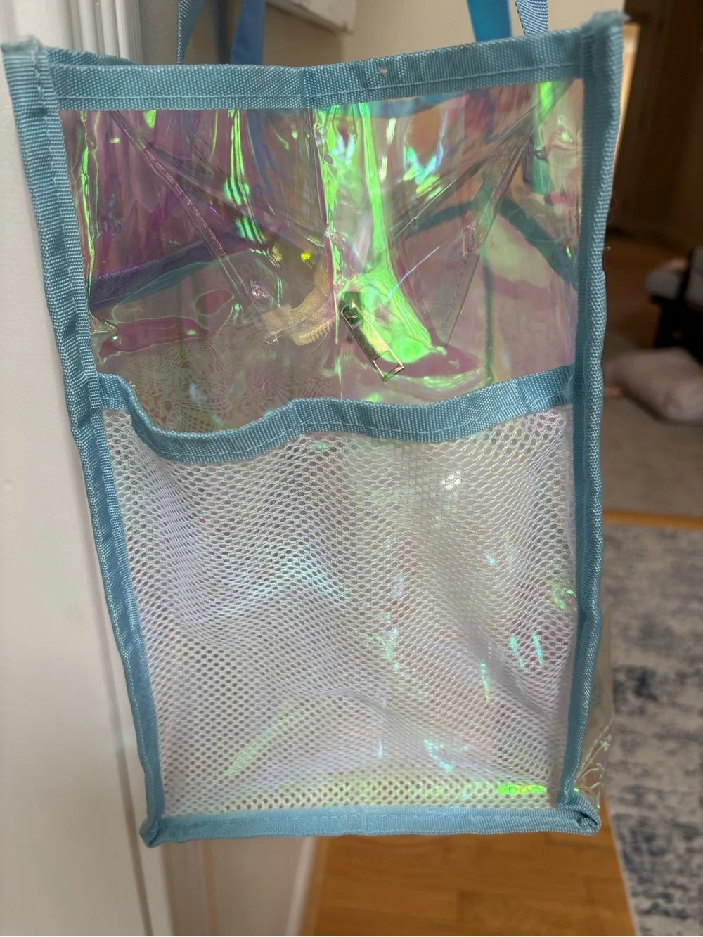 Amazon Iridescent Clear Tote Bag with Blue Handles - 'Beach Please'